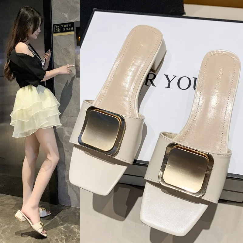 High Heel Sandals Summer New Square Head Metal Buckle Thick Heel Shoes Drag Light Lazy Flip-flops