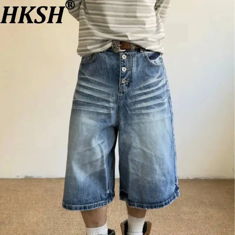 Calças Jeans Cropped com Botões HKSH para Homens, Perna Larga, Verão, Novas, Jeans Retos de Cintura Alta para Adolescentes e Mulheres, Shorts Chiques 