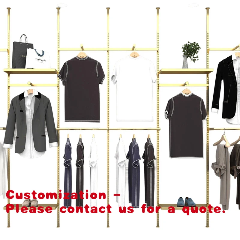 

custom.Clothes Shop Shelf Garment Luxury Clothes Stands Clothes Display Rack Clothing Wall Mount Rack Gold Boutique