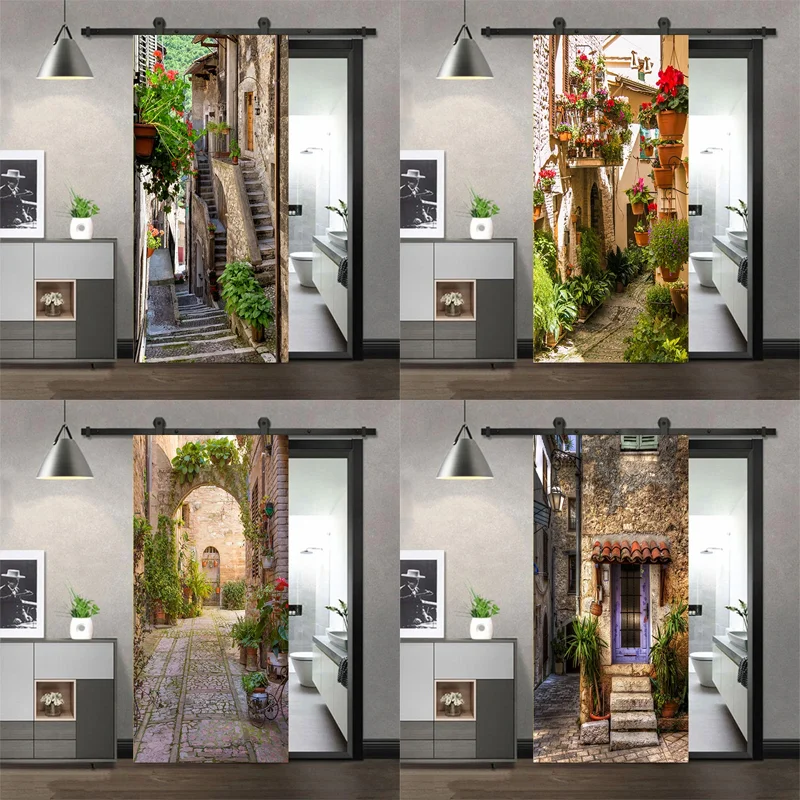 

Door Stickers Adhesive Beautiful Street View Posters Wallpaper for Living Room DIY Full Door Mural Cover Art Poster Home