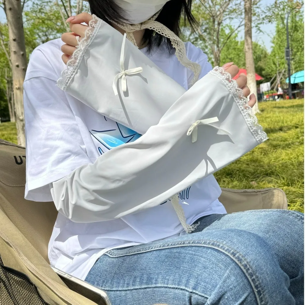 Cute Bow Ice Silk Arm Sleeves Flared UV Protection Sunscreen Arm Sleeves Lace Cuff Solid Color Cycling Arm Cover Summer