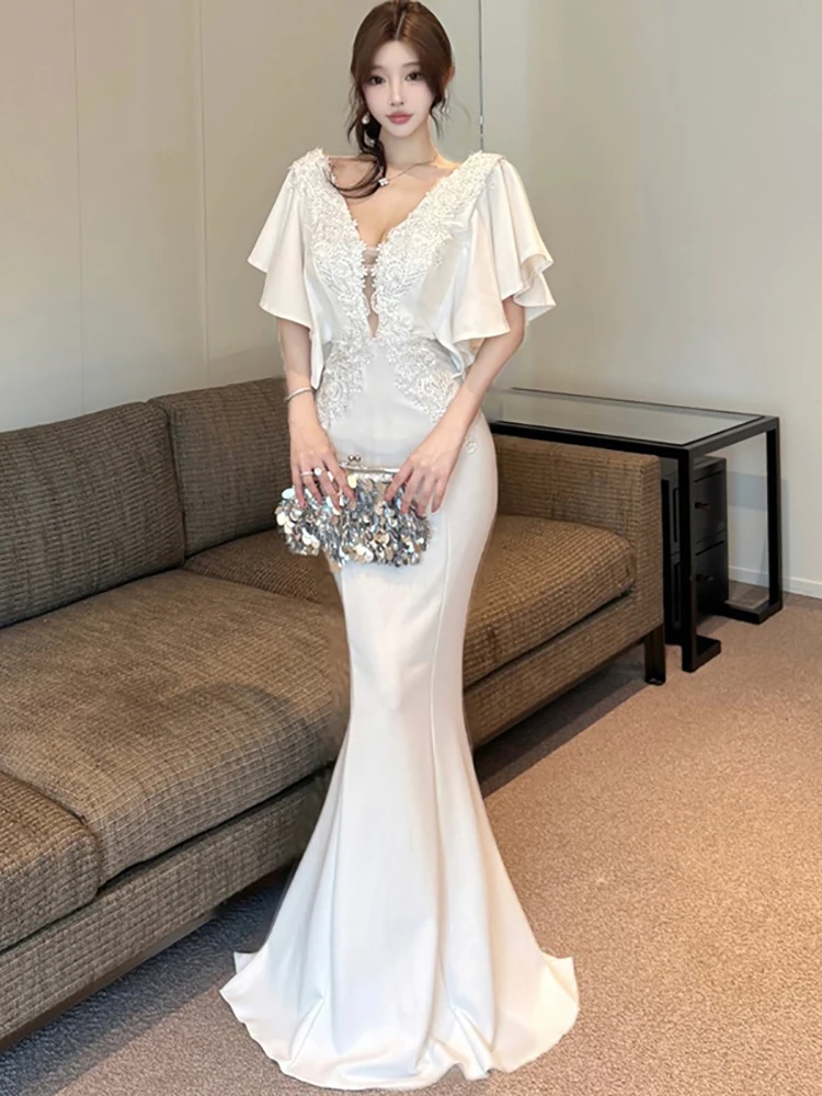 2025 branco cetim retalhos rendas oco para fora com decote em v sexy vestido longo feminino festa de luxo vestido de noite verão coreano vestidos elegantes