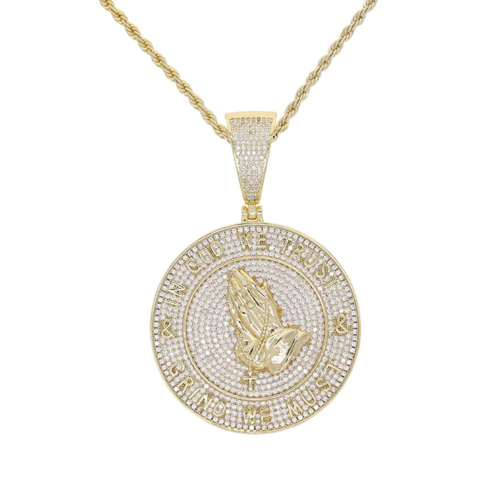 New Iced Out In God We Trust Pendants Necklace Bling CZ Cubic Zirconia Praying Hands Round Charm For Men Women Hip Hop Jewelry