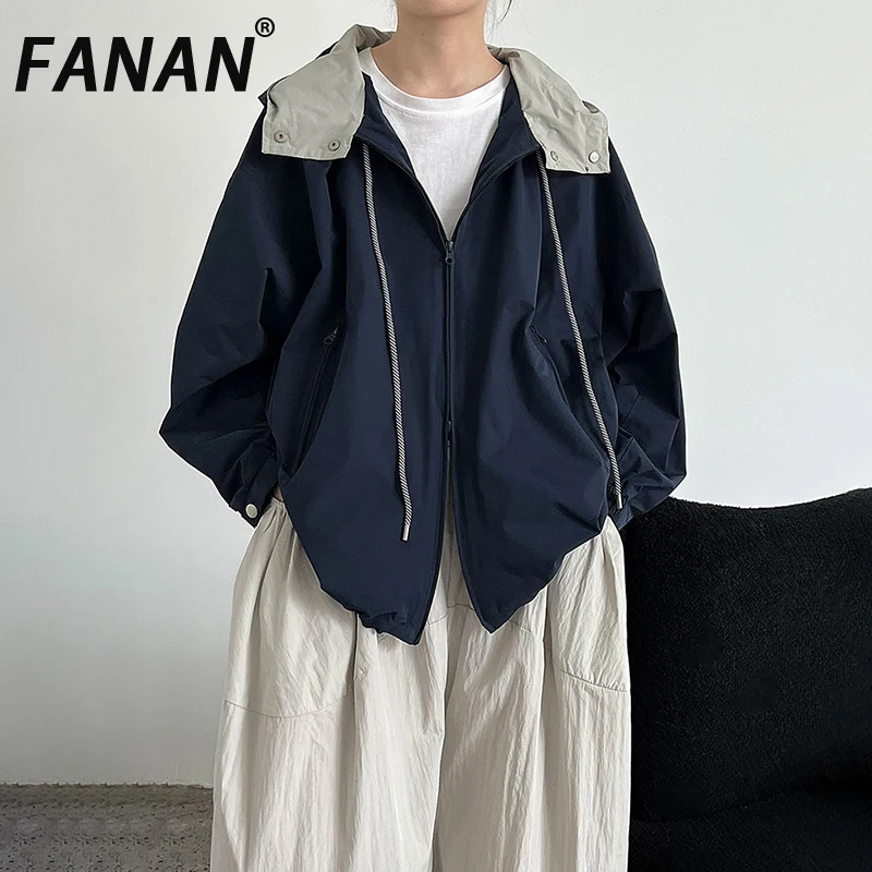 

FANAN куртки с капюшоном на шнурке для женщин, кардиган на молнии, уличные пальто контрастного цвета, винтажная верхняя одежда, женская осень 22025, новинка