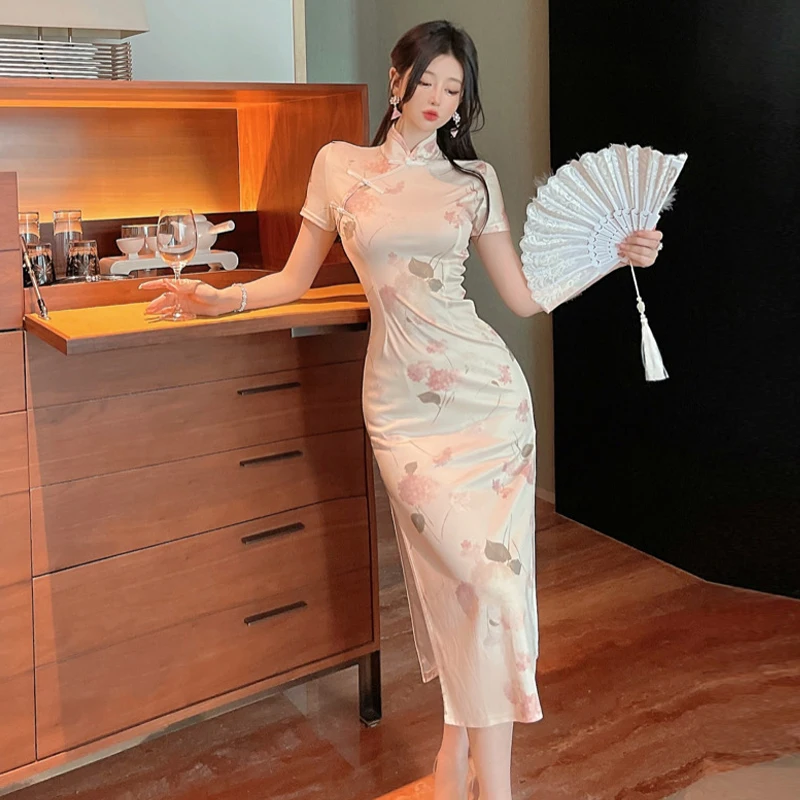 

Women Elegant Printed Split Qipao Dress Chinese Style Retro Slim Cheongsams French Sexy Lady Party Long Dresses Vintage Vestidos