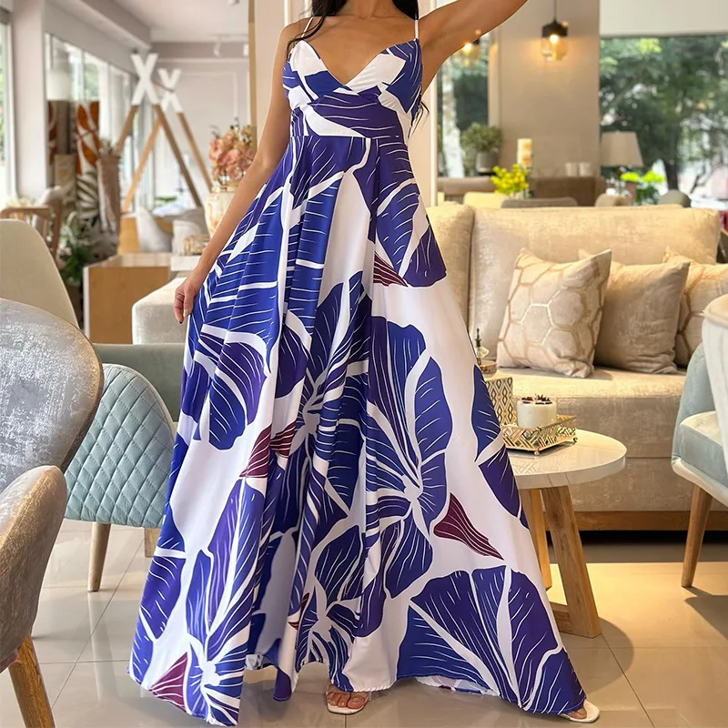 Women Dress Mid Length Dresses Print Floral A Line Vestidos Sling Sleeveless V Neck Tight Waist Casual Beach Summer Splice