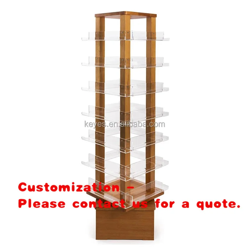 custom.Modern Eco-Friendly Bookstore Floor Wood Greeting Card Display Rack Hot Wood Frame Acrylic Pockets Custom Rotati