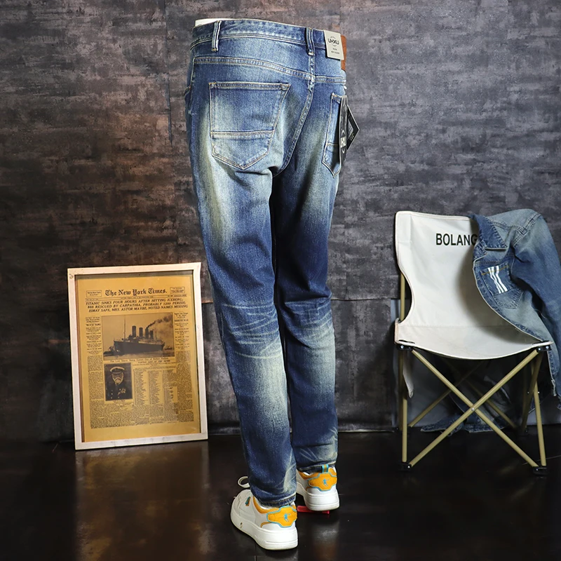 Newly Fashion Designer Men Jeans High Quality Retro Blue Elastic Slim Fit Ripped Jeans Men Vintage Trousers Straight Denim Pants