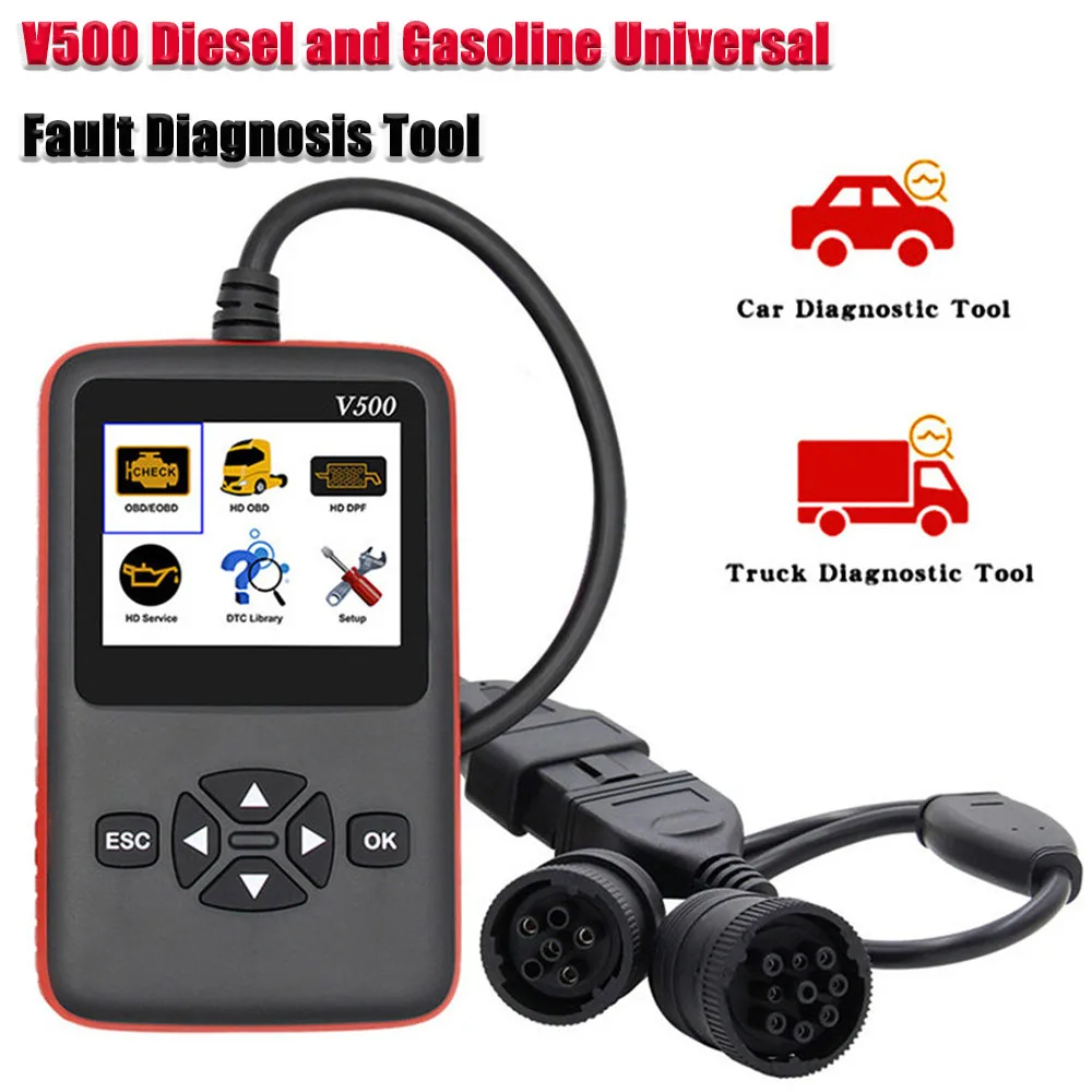 

V500 Universal Diesel Ga-soline Engine Diagnostic Tool 12V 24V EOBD/OBD2 Fault Code Reader Scanner for Car/Truck Diesel Vehicles