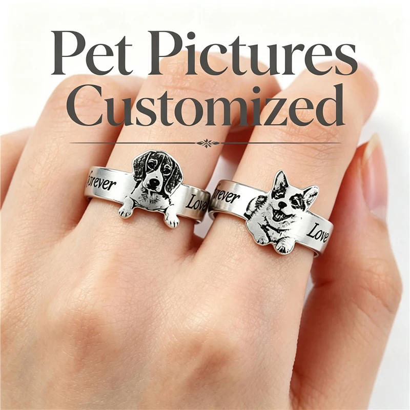 1PCS Pet Photo Opening Hobby Customized Rings Stainless Steel Jewelry Personalized Animal Rings Women Men Fashion Gifts