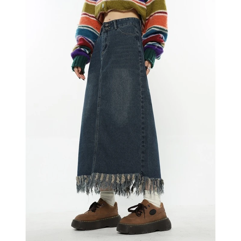 Women Blue Denim Half Body Skirt Tassels Bottoms High Waist Casual Korean Mid Length Skirt Baggy Vintage Female Long Skirt