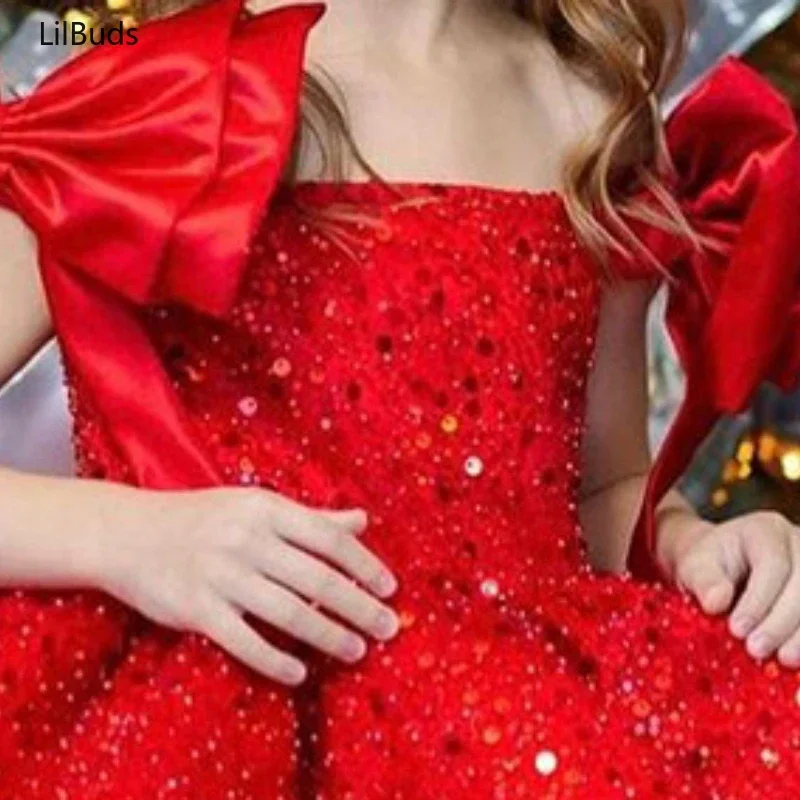 Red Sequins Dress Flower Girl Children Baptism Outfit Kids Birthday Party Tutu Vestidos Matching Elegant Big Bow Frocks Boutique