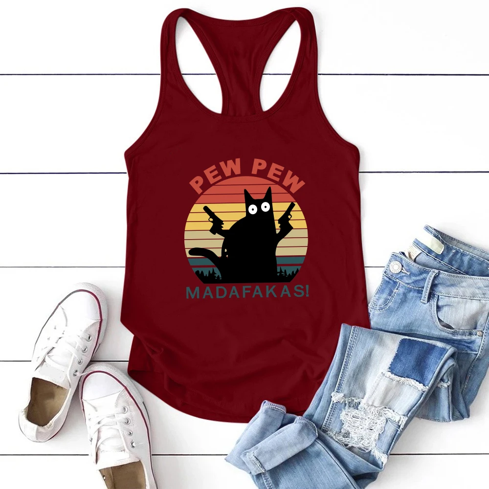 Seeyoushy Pew Pew Madafakas Black Cat with Knife Print Funny Tank Top Women Sleeveless Summer Loose Cartoon Vest Harajuku Shirt