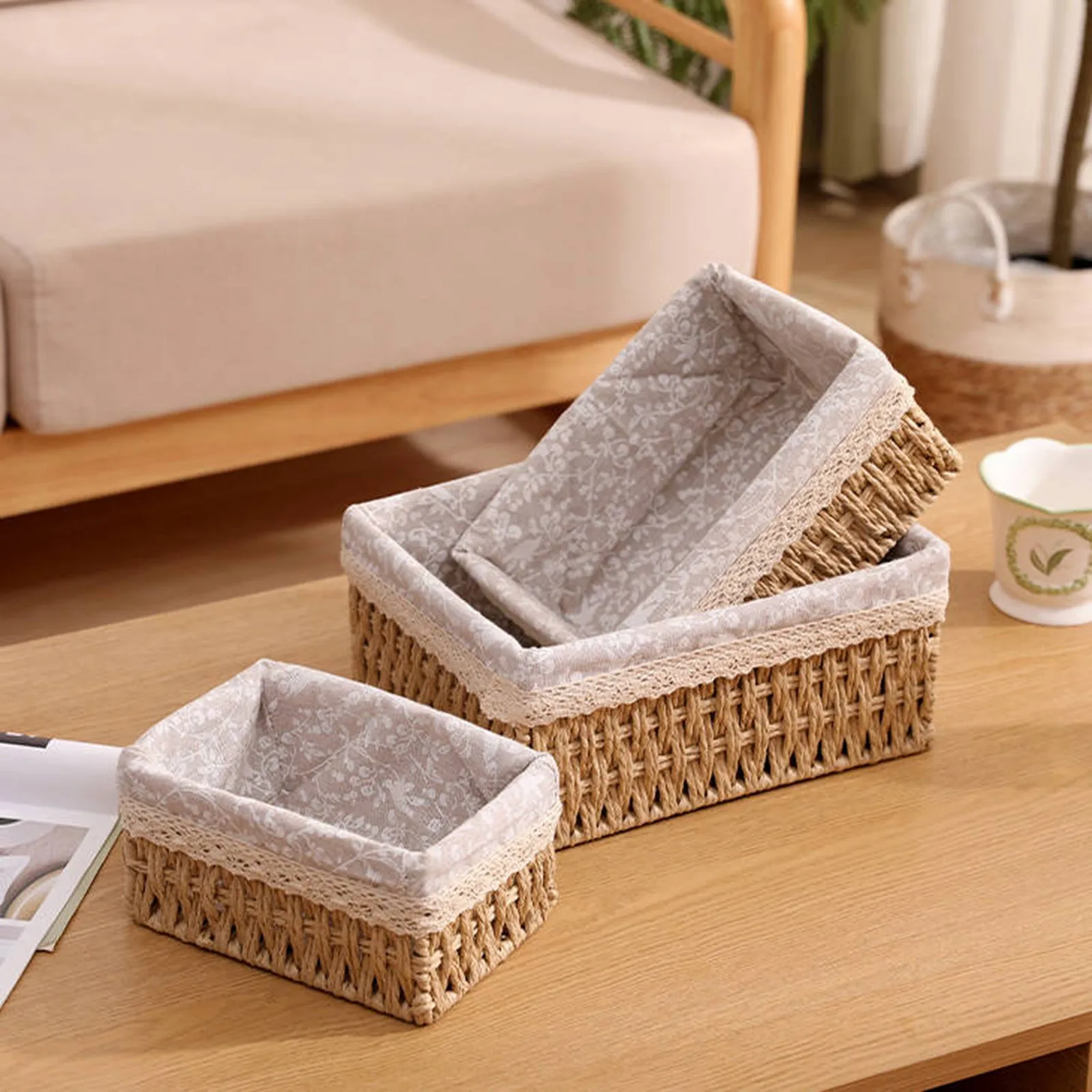 

Woven Storage Basket Desktop Coffee Table Storage Box Snack Cosmetics Storage Basket Rattan Storage Box.Rangement Organisation