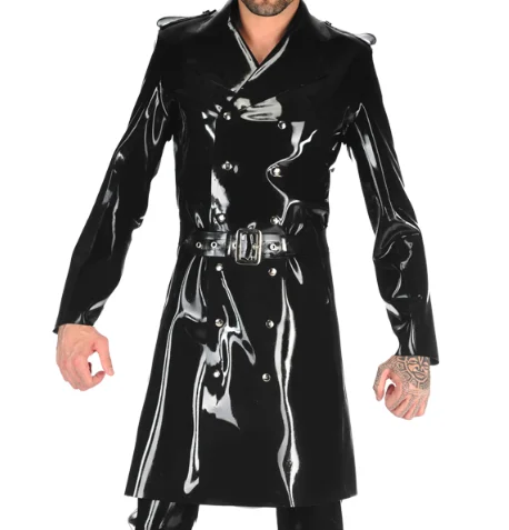 

100% latex Rubber Gummi Black Trench coat, belt, comfort, party, simplicity, role play xs-xxl 0.4 mm