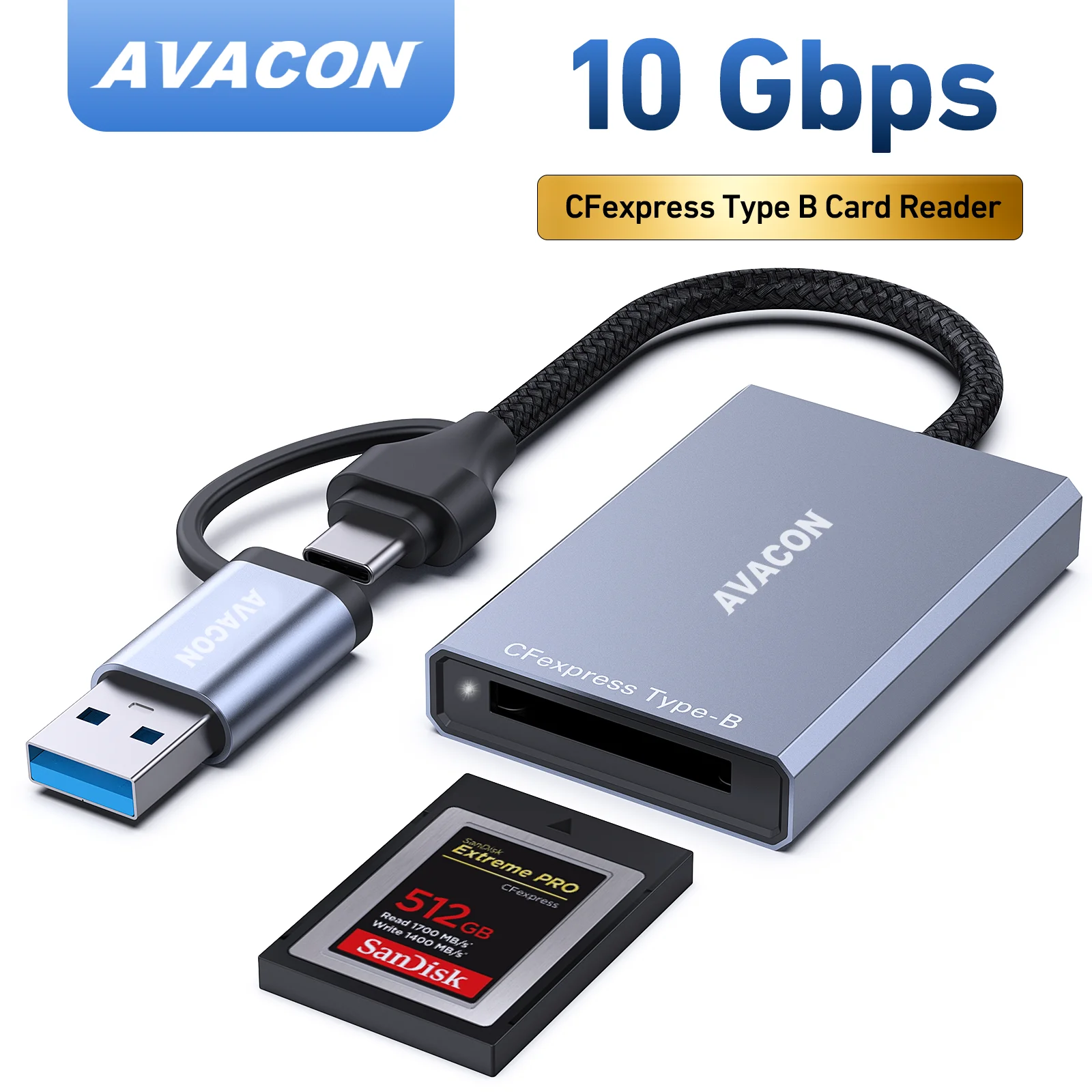 Lettore di schede AVACON CFexpress tipo B con adattatore USB 3.2 (Gen 2) 10gbps, USB-C e USB-A 2-in-1 tipo B CFexpress, compatibile con Wi