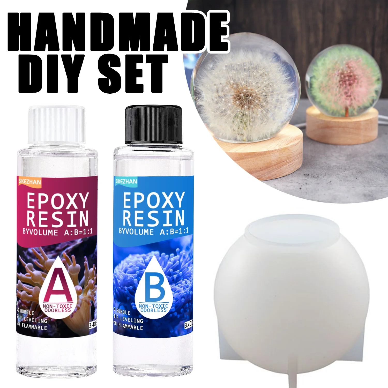 

Epoxy Resin Kit A+B 1:1 + Silicone Sphere Mold，Crystal Clear Casting for DIY Crafts/Jewelry，Self‑Leveling，Low Bubble，Easy Demold