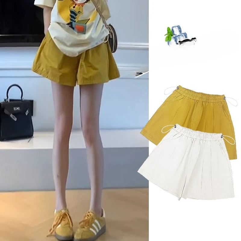 2025 Summer Korean Style Maternity Cotton Linen Shorts with Pockets Wide Legs Drawstring Waist Pregnant Woman Casual Short Pants