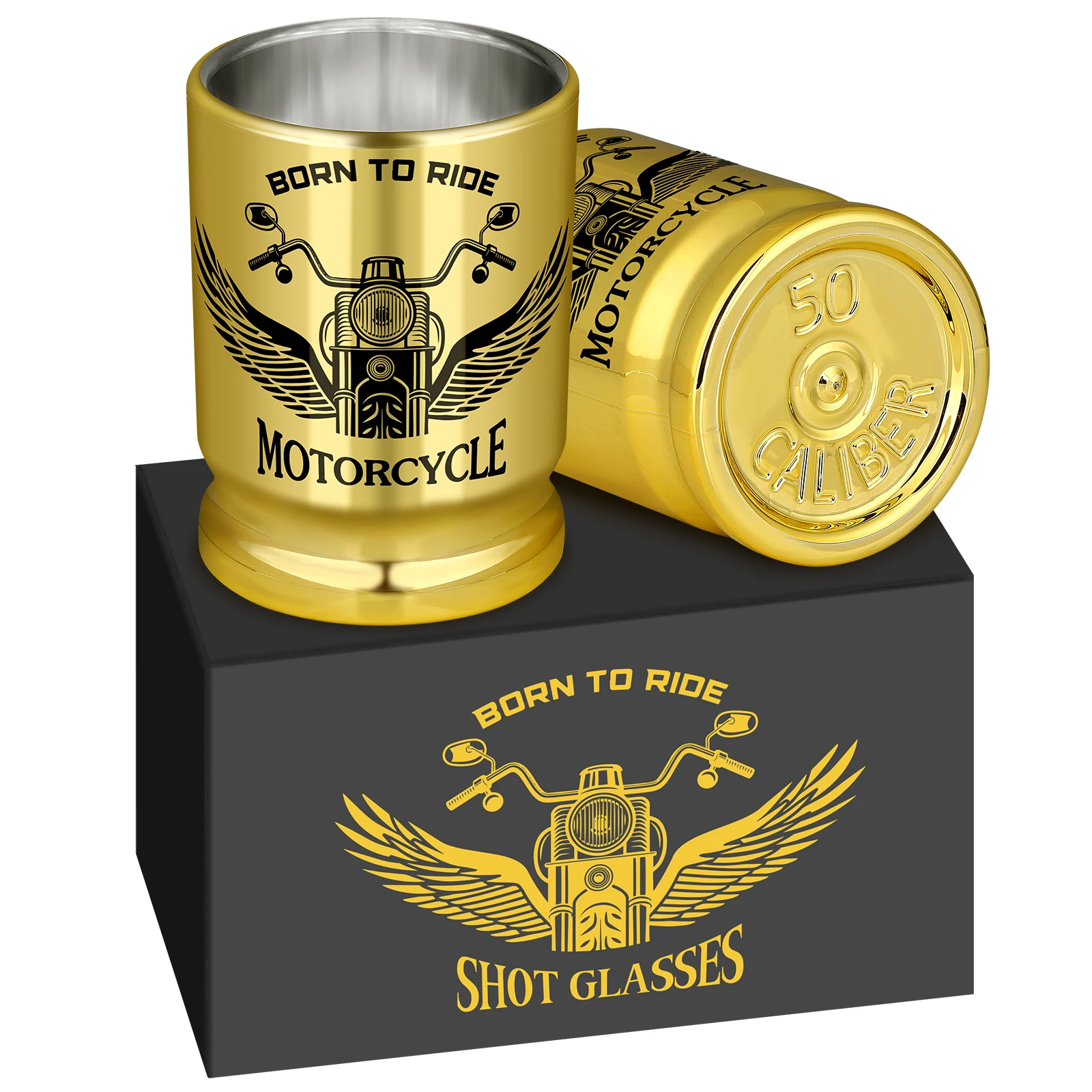 

LKKCHER Motorcycle Golden Plastic Shot Glasses 2Pcs/Set with Gift Box for Men Motorbike Lovers 50 Caliber Shot Cups for Whiskey