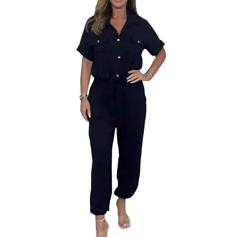 Overalls Women Jumpsuit Short Sleeve Tight Waist Drawstring Shirts Button Turn Down Collar Casual One Piece Solid Pants