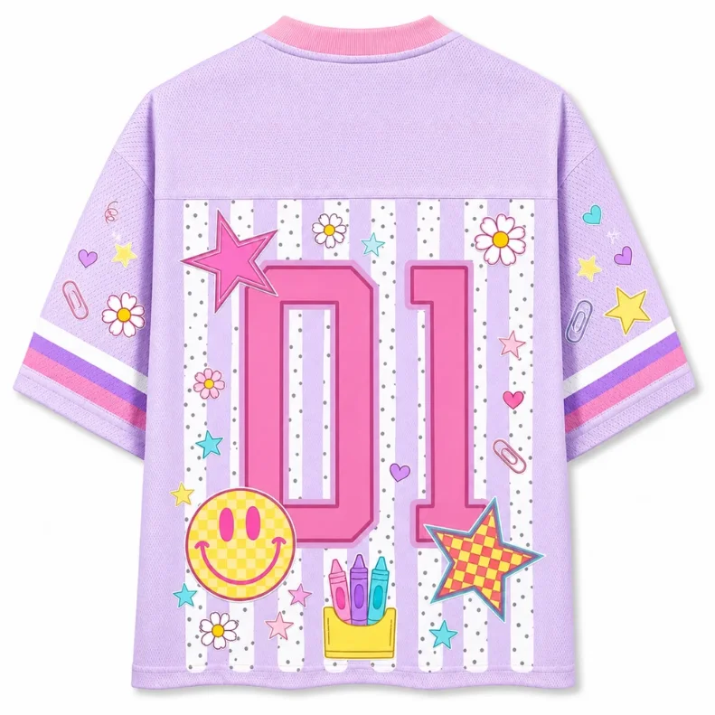 Smiling Star Crayon Chessboard Pattern Full Screen Printed Mesh V-neck Knitted Shirt, Purple Pink Short Sleeve Streetwear Top