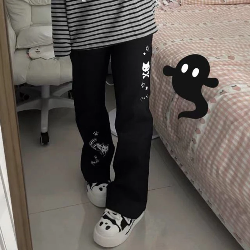 Y2K Subculture Women Pants Japanese Harajuku Cartoon Print Black Wide Leg Trouser Lose Casual High Waist Sweet Streetwear Pants