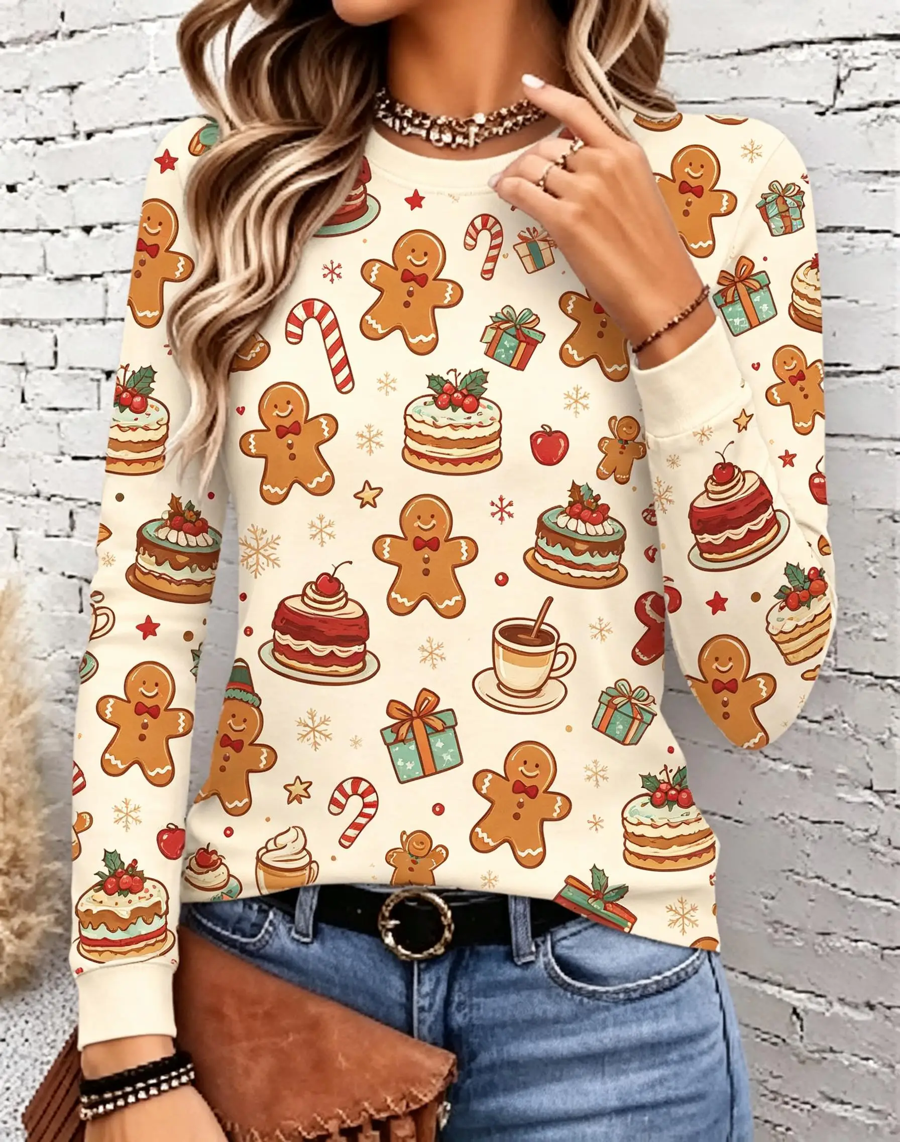 Women Long Sleeve Tee Round Neck Casual Tops Winter Village House Pine Tree Print Christmas Fashion Loose Fit Daily Wear Shirt