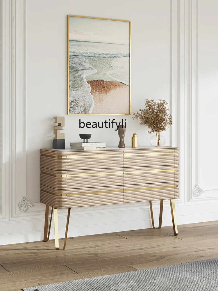 Nordic Light Luxury Gold-Plated Stainless Steel Stone Plate Hallway Sideboard Cabinet Striped Paint Chest of Six Drawers