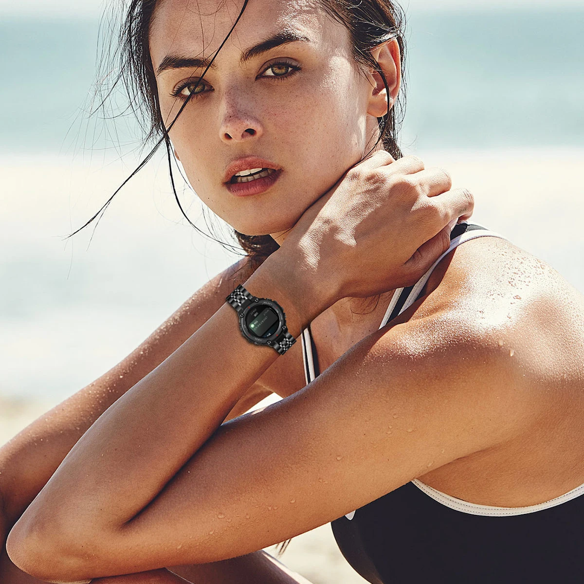 Per Huami Amazfit T-Rex Pro A1918 Cinturino per orologio in acciaio inossidabile a sette perline con chiusura a farfalla - Nero / Oro