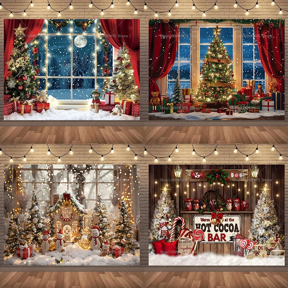 Christmas Winter Backdrop Window Curtain Fireplace Xmas Tree Photography Background Kids Family Portrait Banner Photo Booth Prop