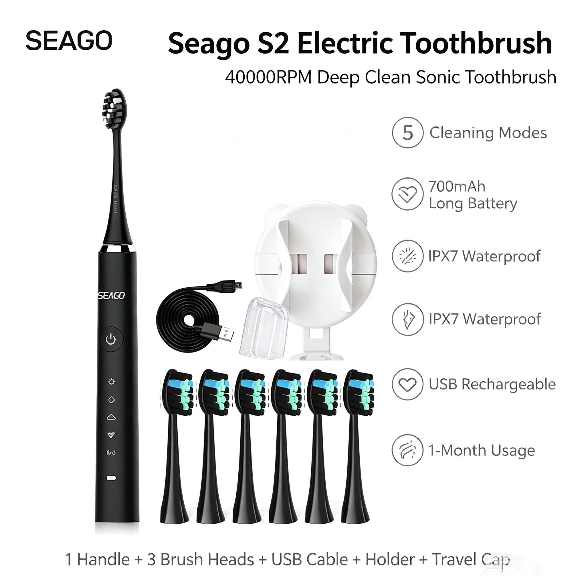 S2 Sonic Electric Toothbrush 5 Cleaning Modes IPX7 Waterproof Long Lasting USB Rechargeable Tooth Brush With 10 Brush Heads