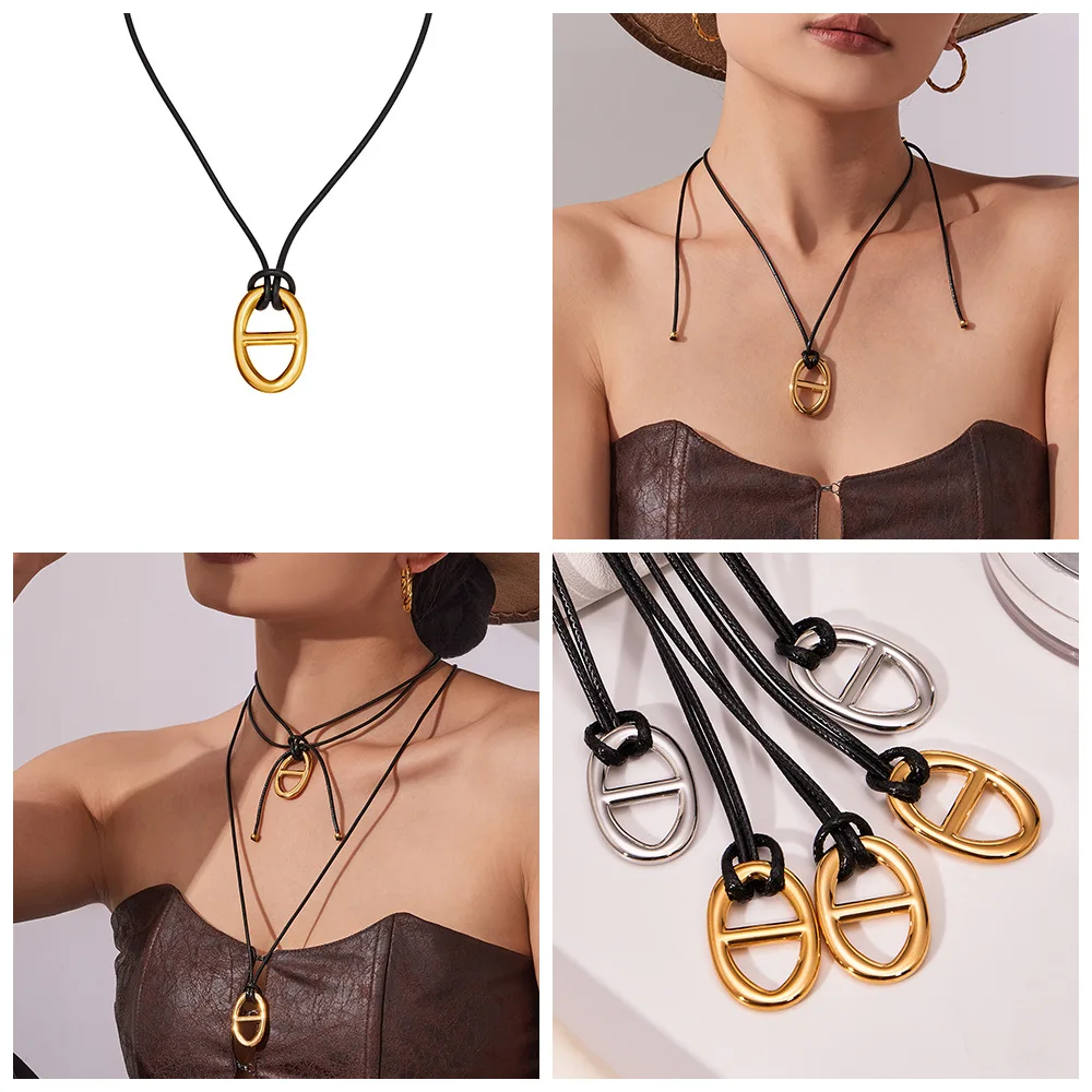 Halskette mit H-Buchstaben-Anhänger aus Edelstahl, 18 Karat vergoldet, Charm-Halskette mit PU-Seil, schwarze Lederseil-Halsketten für Frauen – Detail 1