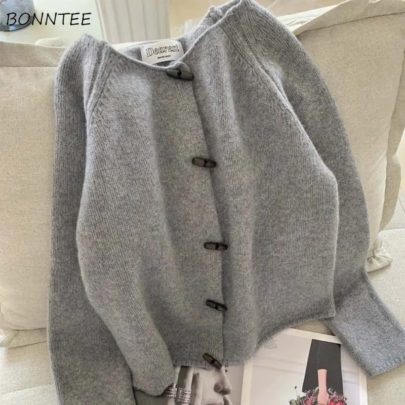 Knitted Cardigan Women Gray Vintage Coat Gentle Sweater Korean Style Slouchy Autumn V-neck Soft Cozy Simple Streetwear Temper