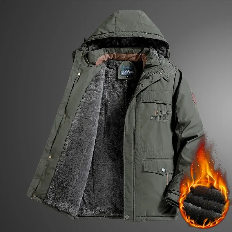 Big Size 5xl Heren Winterjas Fleece Linning Outdoor Parka Jas Met Capuchon Multi Pocket Militaire Dikke Warme Bovenkleding