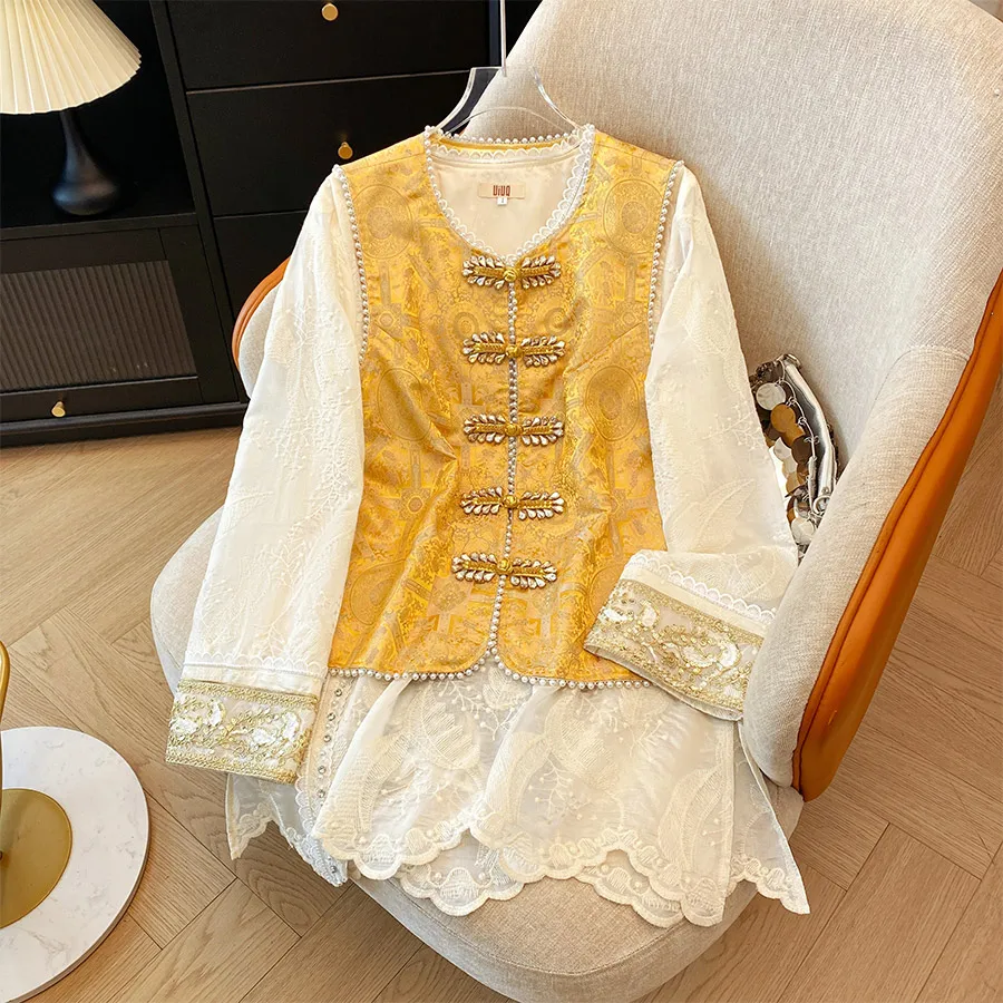 New Chinese Style Handmade Beaded Embroidery Long Sleeve Top Button Disk Vest Traditional Tang Costume Women's Fashion