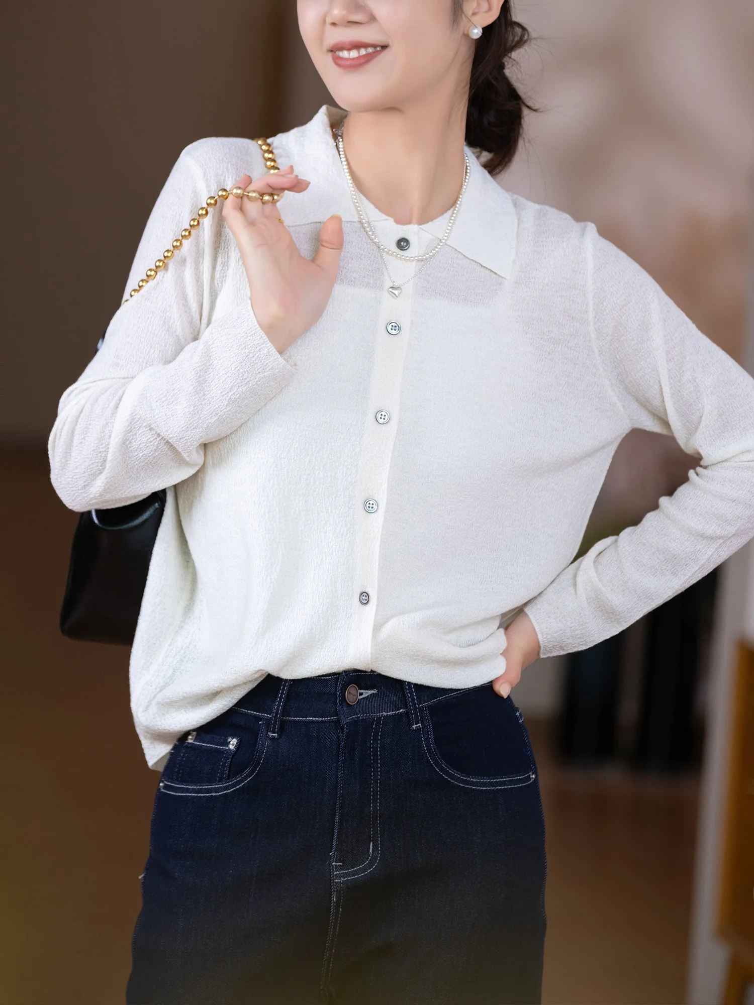 

Женский свободный вязаный кардиган из шерстяной ткани с эластичным воротником, приятный для кожи, дышащий, однотонный, осенний...