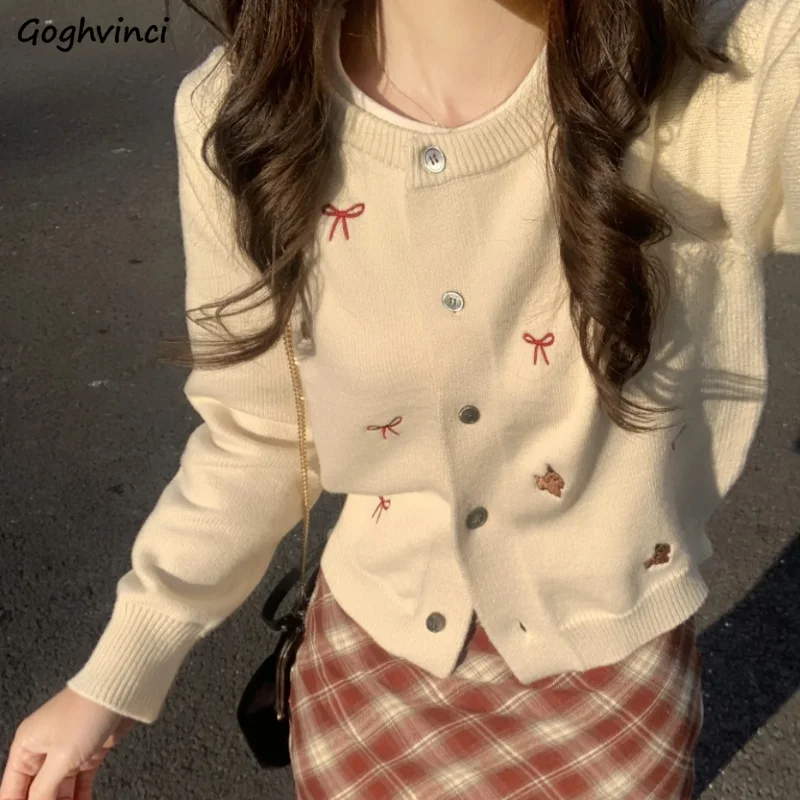 Long Sleeve Cardigans Women Button-up Streetwear Bow Embroidery Sweet Girls Outwear Knitted Sweaters Design Fashion Korean Style