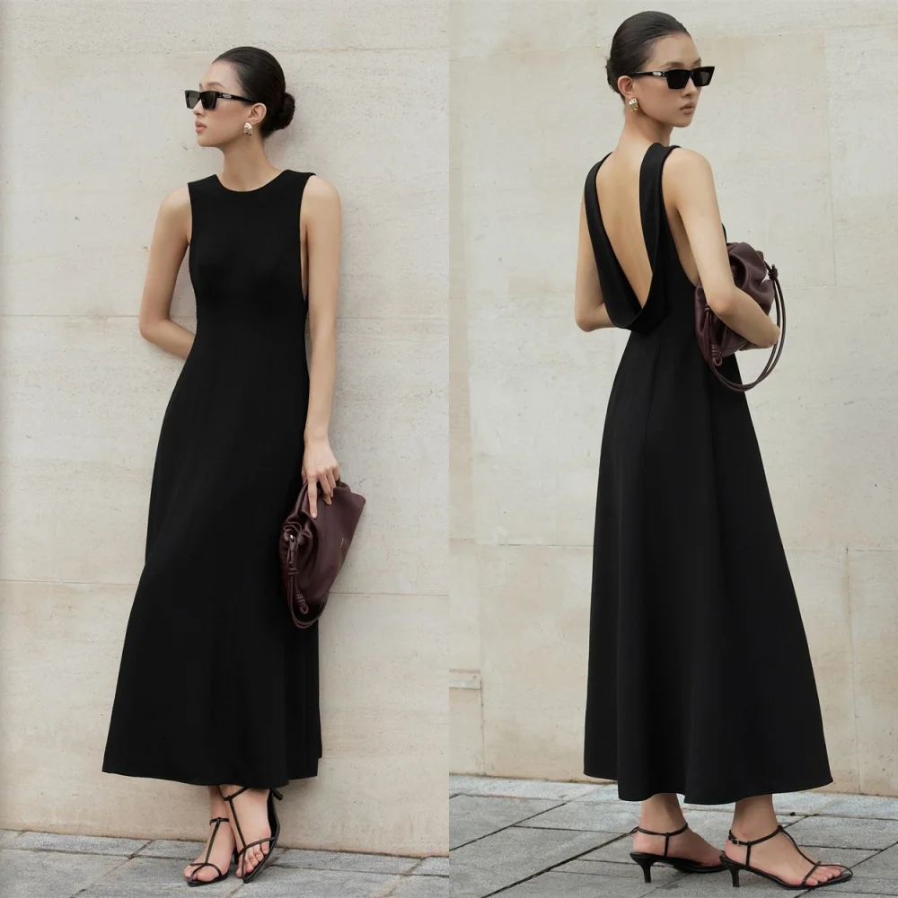 

Customized Temperament Black Jersey Evening Dress High Quality Crew Neck Backless Open Back Sleeveless Bespoke Occasion Gowns