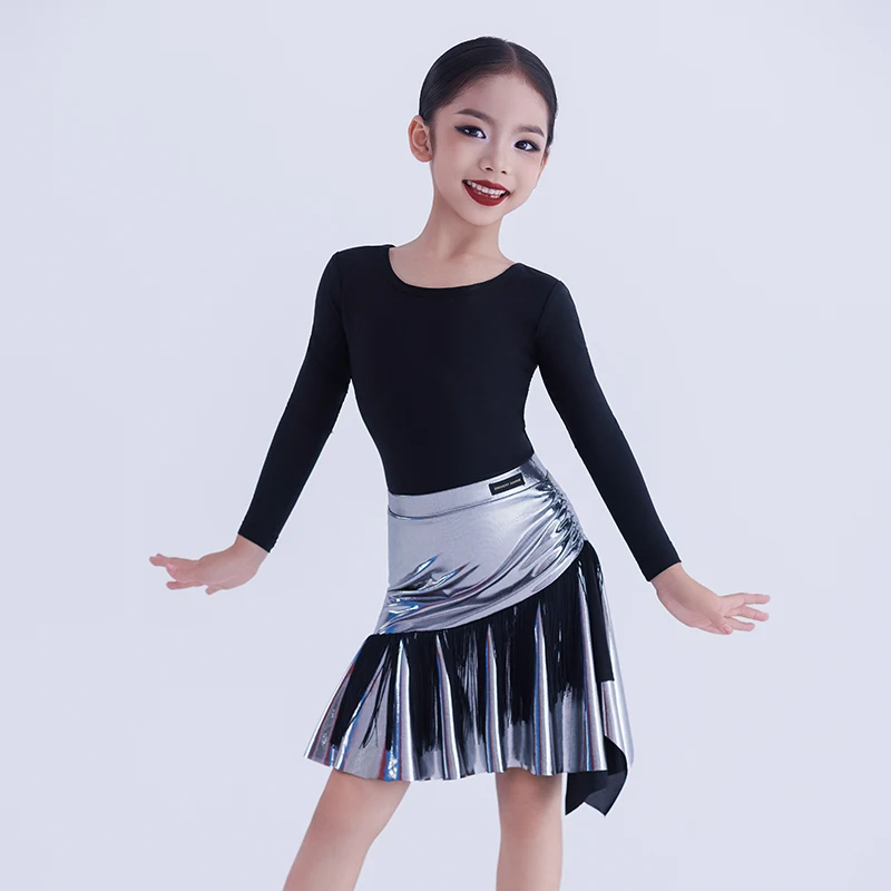 

2025 Latin Dance Clothes Girls Training Wear Long Sleeve Black Dance Leotard Fringe Laser Skirt Rumba Practice Dancewear VDL4618