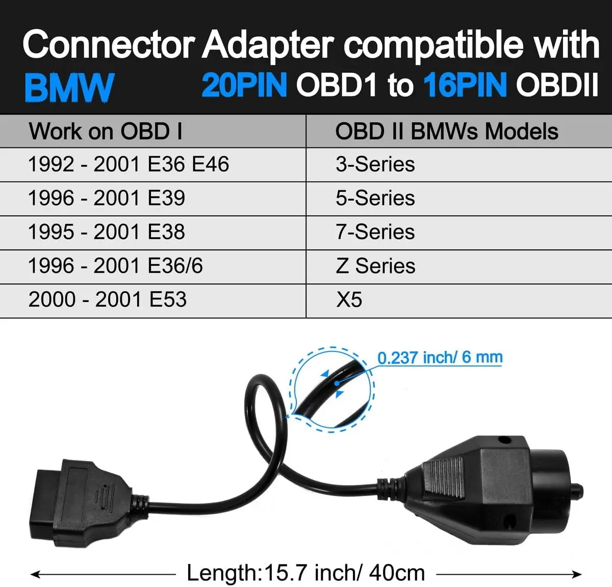 For BMW 20pin to OBD2 16pin connector cable OBD OBD2 adapter cable for BMW e36 e39 X5 Z3 scan tool cable