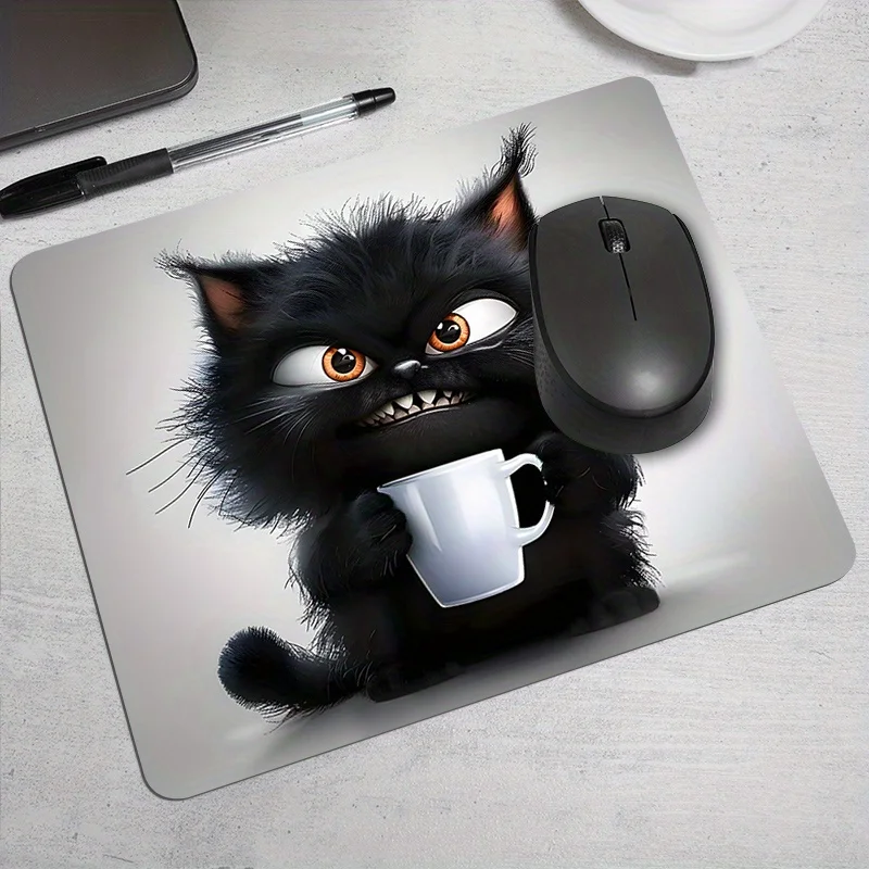 Cute Black Cat Square Mouse Pad Non-Slip Rubber Mat for Office Gaming Gamers Home or Office Adorable Cartoon Desk Mats Rug