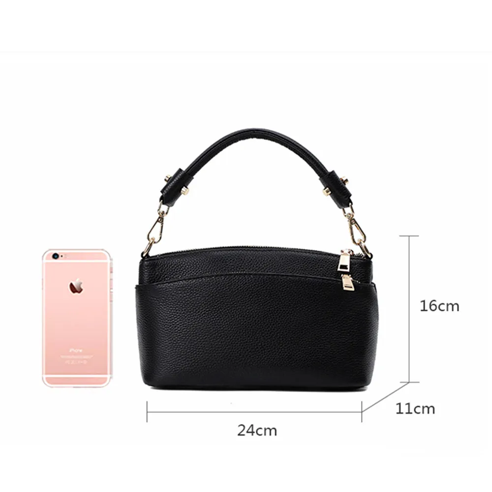 100% Genuine Leather Bag Fashion Women Cross Body Bag Black Handbag 3 Zippers Ladies Cowhide Crossbody Bag Female Handbag