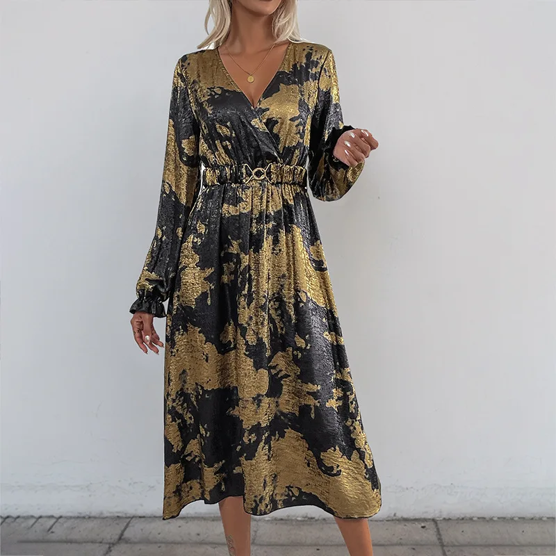 Elegant Women's Long Dress With Gold Foil Print V-neck Pullover Lantern Cuff Waist Belt Autumn New Style Dress A-line Swing 2025