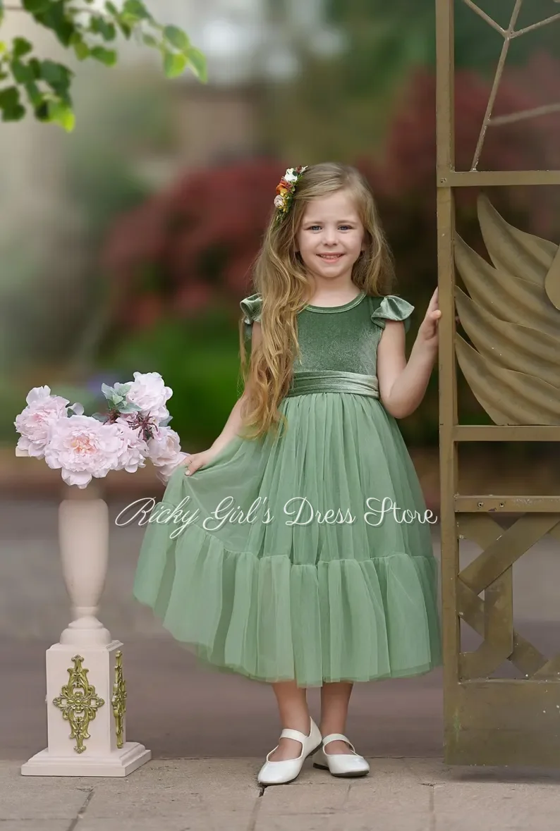 Sage Green Velvet And Tulle Flower Girl Dress With Sleeves Kids Wedding Party Dress Long Birthday Gown Custom Color 2026