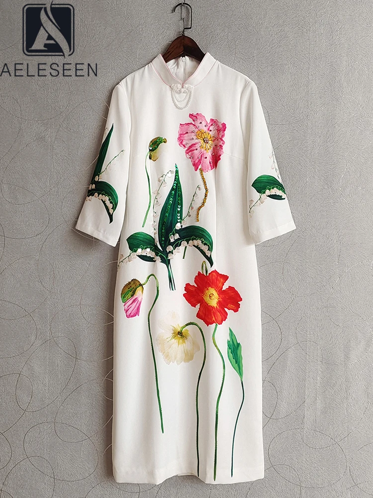 

AELESEEN Fashion Designer Long Dress Spring Autumn Full Sleeve Colorful Flower Print Turtleneck Sequined Beading Crystal Pearls