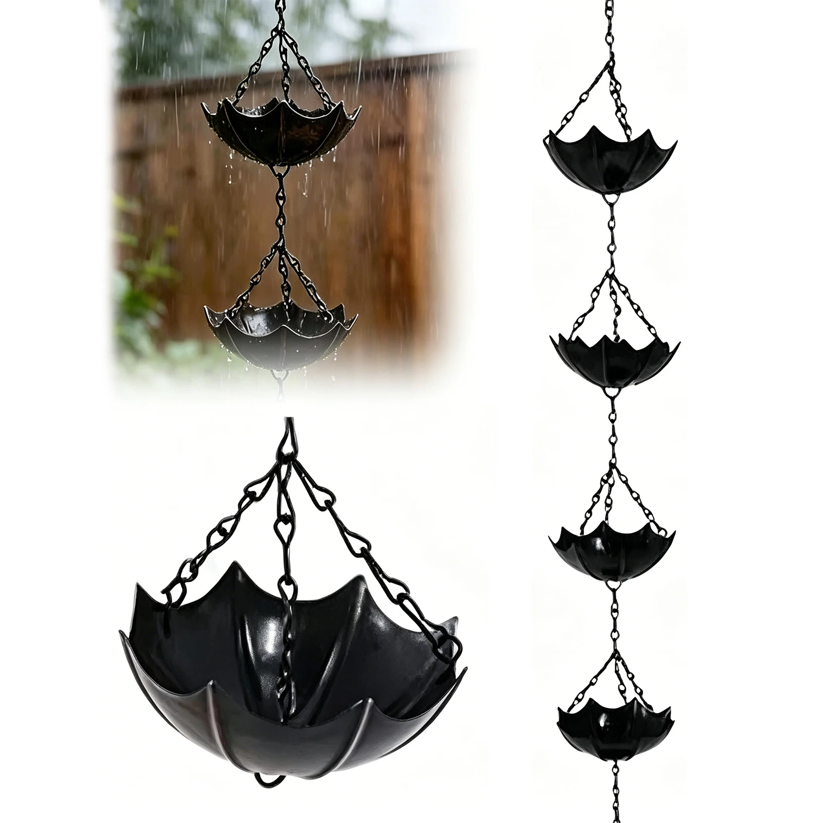 Rain Chain with Mobile Cups Outdoor Metal Rain Chimes Heavy Duty Cast Iron Rain Chains for Window Wall Patio Gutters Decor