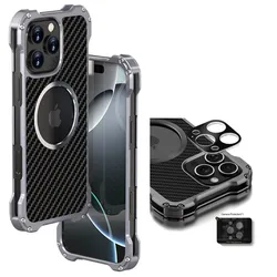 Aluminium Alloy Carbon Fiber Case for iPhone 12 13 14 15 16 Pro Max Hollow Heat Dissipation Shockproof Lens Protector Metal Case