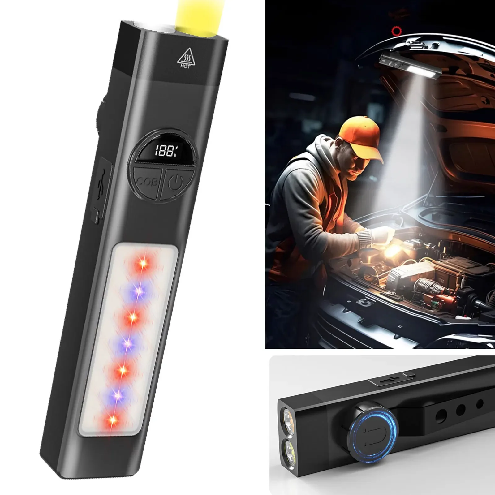 Portable EDC Tactical Flashlight 400LM USB Rechargeable Torch with Warning Led Emergency Magnetic Work Light for Camping Hiking