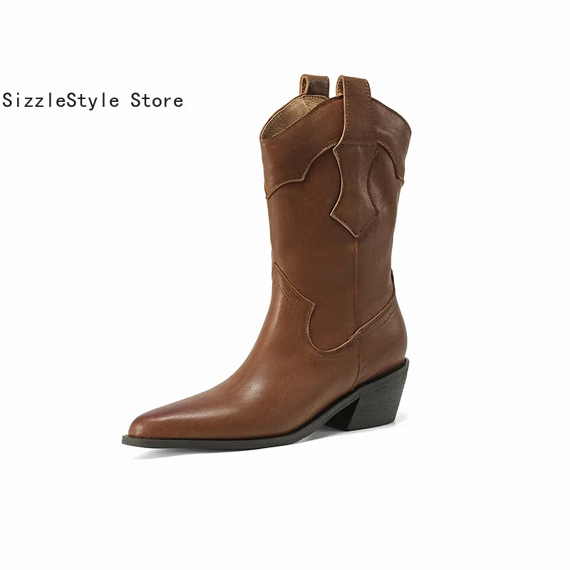 Retro Style Solid Color Stitching Pointed Comfortable Thick Heel One-step Women's Short-tube Western Boots