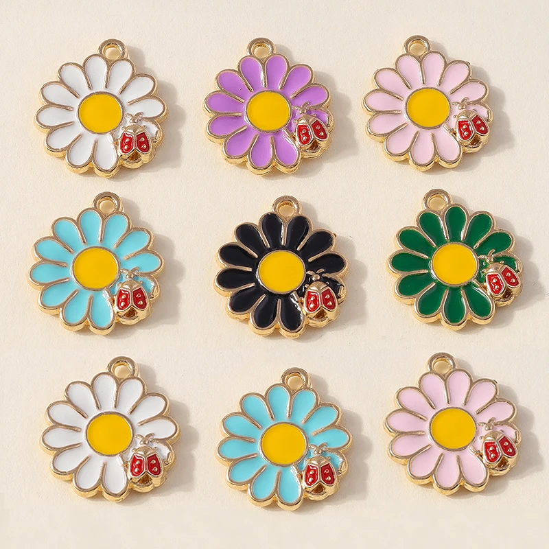 Leslie 10pcs Cute Enamel Alloy Metal Flowers Daisy Ladybug Charm Pendant For DIY Bracelet Necklace  For Jewelry Making Supplies